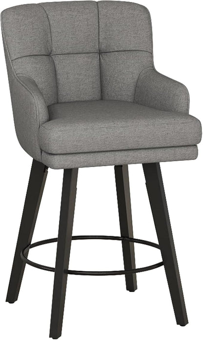 360°Swivel Counter Height Bar Stools with Back, 26 inch Solid Wood Legs, Bar Stool Modern Kitchen Island Chairs, Fabric (Mid-Grey- Fabric, 26" H- Set of 1)