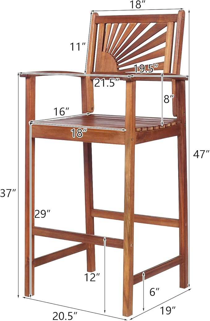 COSTWAY Bar Stools Set of 4, Outdoor Acacia Wood Bar Chairs with Sunflower Backrest, Curved Armrests & Breathable Seat, Ideal for Balcony, Sunroom, Patio, Easy Assembly