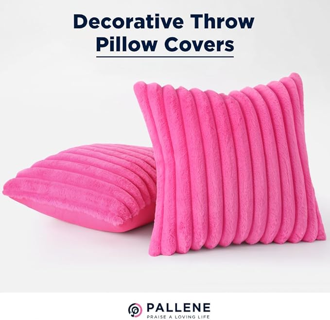 Pallene Faux Fur Plush Throw Pillow Covers 18x18 Set of 2, Luxury Soft Fluffy Striped Decorative Pillow Covers for Sofa, Couch, Living Room, Hot Pink