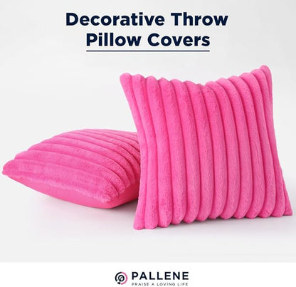 Pallene Faux Fur Plush Throw Pillow Covers 18x18 Set of 2, Luxury Soft Fluffy Striped Decorative Pillow Covers for Sofa, Couch, Living Room, Hot Pink