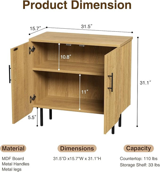 Modern Fluted Natural Storage Cabinet with 2 Doors, Adjustable Shelves, and Metal Legs, Accent Buffet Sideboard for Living Room, Dining Room, Entryway (Natural & Black)
