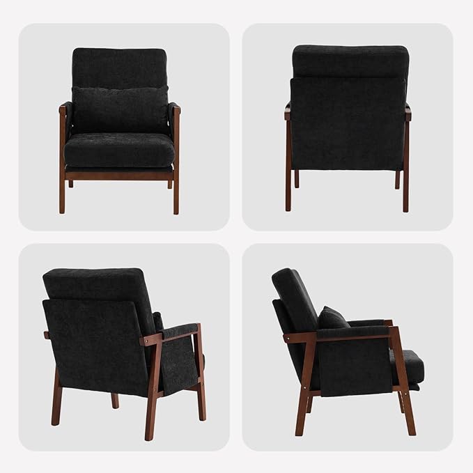 Accent Chair Mid-Century Modern with Lumbar Support Pillow, Upholstered Living Room Chairs with Wooden, Chenille Armchair with Cushion, Anthropologie Side Chair for Bedroom, Black