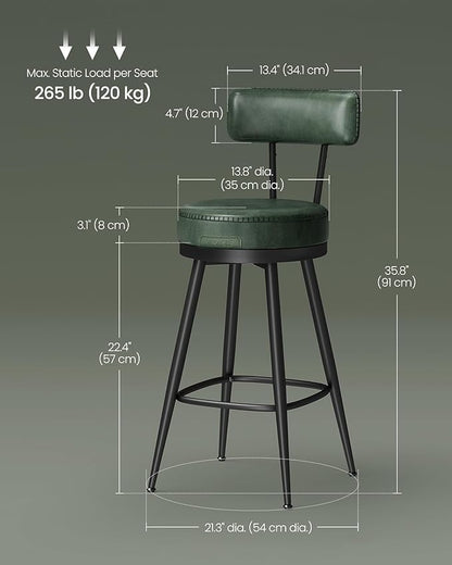 VASAGLE EKHO Collection - Bar Stools Set of 2, Swivel Counter Height Bar Stools with Back, Synthetic Leather with Stitching, Mid-Century Modern, 25.6-Inch Tall Barstools for Kitchen Bar, Forest Green