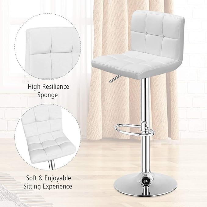 COSTWAY Bar Stools Set of 2, Modern Swivel Adjustable Height PU Leather Barstools with Back, Square Armless Counter Height 2-Pack Bar Chair for Kitchen Island Dining Living Bistro Pub Counter, White
