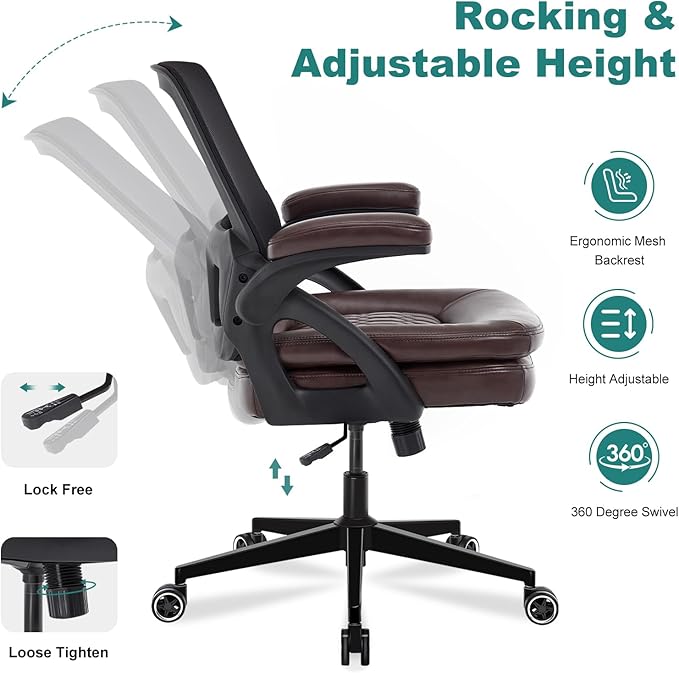 Big and Tall Office Chair, 500lbs Mesh Heavy Duty Ergonomic Desk Chair with Flip-up Armrests, Plus Size Wide Seat in PU Leather, 360 Swivel Computer Executive Task Chair for Home Office (Brown)