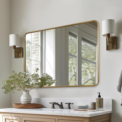 ANDY STAR Bathroom Mirror for Wall, 24x40 Inch Gold Rectangle Mirror for Bathroom with Rounded Corner, Modern Brushed Brass Vanity Rectangular Mirrors with Tube Metal Frame, Explosion-Proof Film
