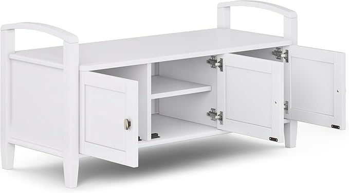 SIMPLIHOME Warm Shaker Entryway Storage Bench - 44 inch Wide Solid Wood Storage Seat in White, Transitional Bench Seat for Mudroom or Living Room with Lift-Up Lid and Shaker-Style Panels