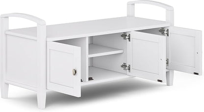 SIMPLIHOME Warm Shaker Entryway Storage Bench - 44 inch Wide Solid Wood Storage Seat in White, Transitional Bench Seat for Mudroom or Living Room with Lift-Up Lid and Shaker-Style Panels