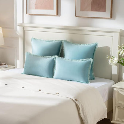 FUTEI Aqua Velvet Decorative Throw Pillow Covers 22x22 Set of 2,Soft Cozy Edge with Tassels Cushion Case,Boho Modern Home Decor for Couch Bed Living Room