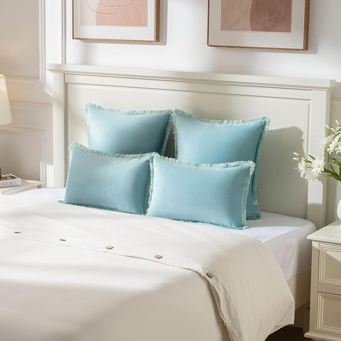 FUTEI Aqua Velvet Decorative Throw Pillow Covers 20x20 Set of 2,Soft Cozy Edge with Tassels Cushion Case,Boho Modern Home Decor for Couch Bed Living Room
