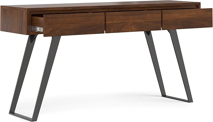 SIMPLIHOME Lowry Console Table - 60 Inch Wide Solid Walnut Veneer and Metal Sofa Table, Modern Industrial Storage Table for Entryway or Living Room with 3 Drawers and Angled Metal Legs