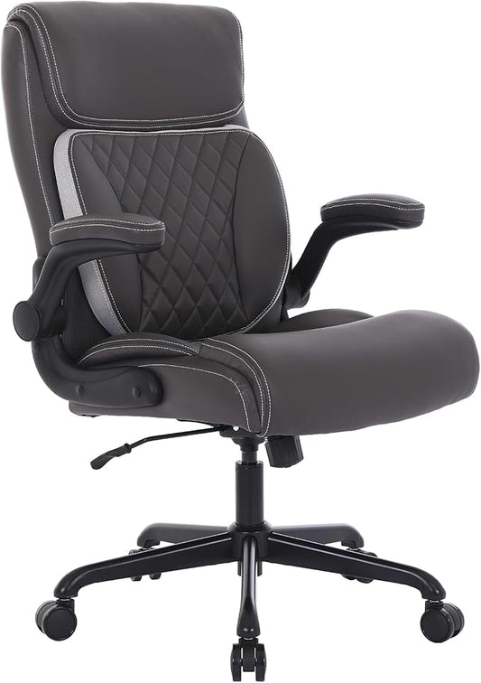 Youhauchair Executive Office Chair, Ergonomic PU Leather Computer Desk Chair with Lumbar Support, Flip-up Armrests and Adjustable Height, for Home Office, Brown