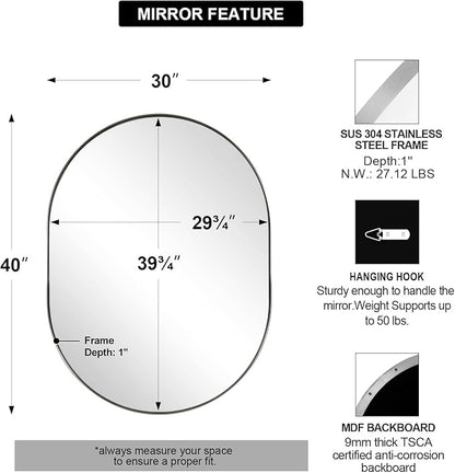 ANDY STAR Brushed Nickel Oval Bathroom Mirror, 30x40 Oval Nickle Mirror Pill Shaped in Premium Stainless Steel Metal Frame 1”Deep Wall Mounted Horizontal/Vertical