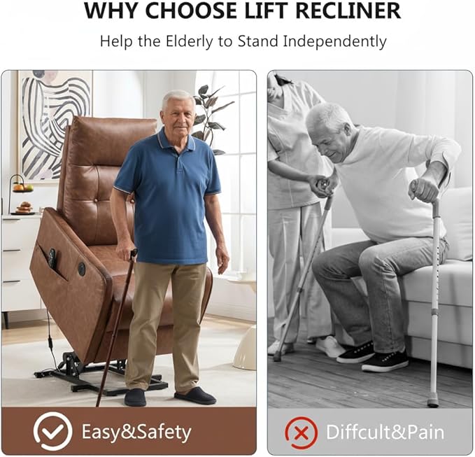 PELUMY Manual Lift Recliner Chair with Massage and Heat for Elderly, Single Motor Electric Lift Chair, Heavy Duty Recliner with USB Charging & Side Pockets (Breathable Leather, Yellow Brown)