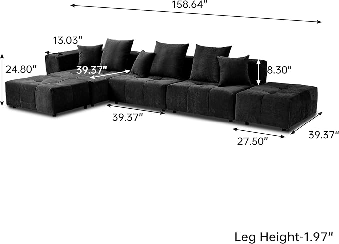 WJShome 158" Oversized Modular Sectional Sofa, L Shaped Couch with Ottoman,Sectional Couches for Living Room,Large Linen Deep Seat with Pillow Couches for Home,Spacious Space,Black