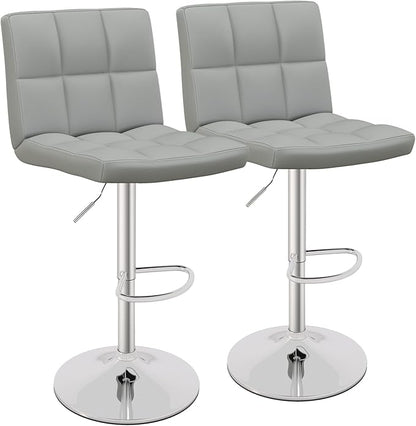 COSTWAY Bar Stools Set of 2, Modern Swivel Adjustable Height PU Leather Barstools with Back, Square Armless Counter Height 2-Pack Bar Chair for Kitchen Island Dining Living Bistro Pub Counter, Grey
