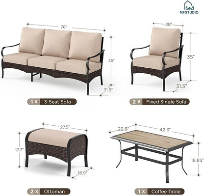 MFSTUDIO 6 PCS Outdoor Patio Furniture Set, Metal Outdoor Conversation Set, Rattan Wicker Patio Sectional Sofa Set with 2 x Fixed Single Sofa, 3-Seat Sofa, 2 x Ottoman, 1 x Coffee Table, Beige