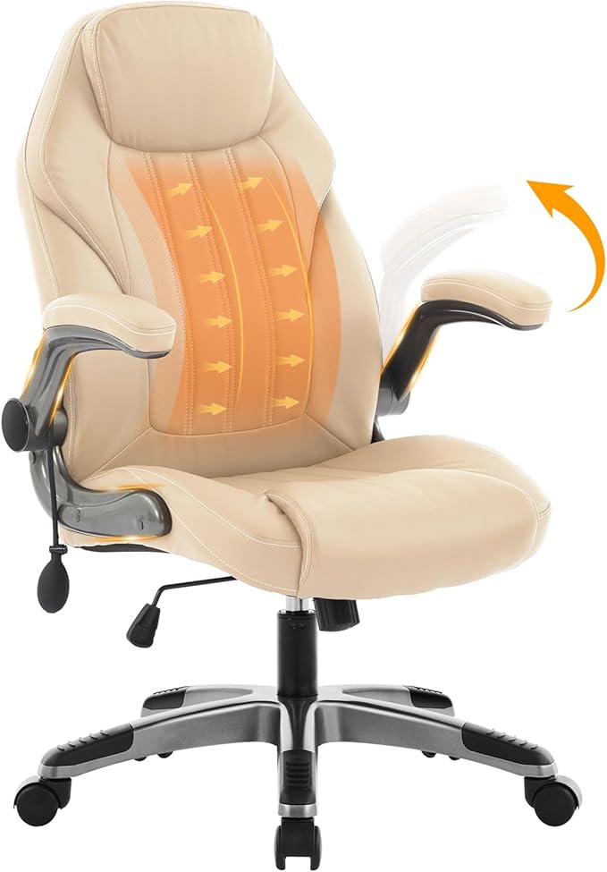 Office Desk Chair, Ergonomic Computer Chair with Padded Flip-Up Arms and Adjustable Lumbar Support, PU Leather Executive Chair with Tilt Lock and 360° Swivel Rolling Wheels for Work, Study