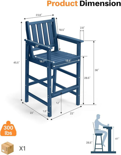 Adirondack Bar Chair Set of 2, HDPE Tall Adirondack Chairs Bar Stools with Footrest, Outdoor Bar Height Stool Chair Set, HDPE Patio Barstools Set for Poolside, Balcony, Garden, Navy
