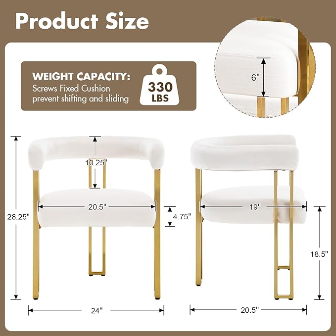 Beige and Gold Modern Dining Chairs Set of 2, Velvet Upholstered Barrel Armchairs with Metal Legs for Kitchen Island, Mid Century Accent Chairs for Dining Room Living Room, Open-Back