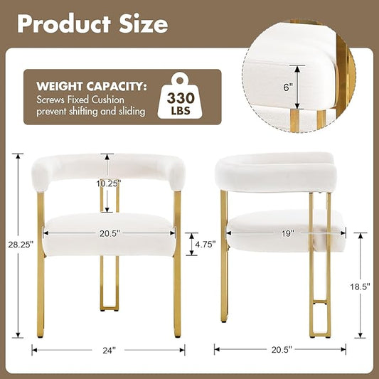 Beige and Gold Modern Dining Chairs Set of 2, Velvet Upholstered Barrel Armchairs with Metal Legs for Kitchen Island, Mid Century Accent Chairs for Dining Room Living Room, Open-Back