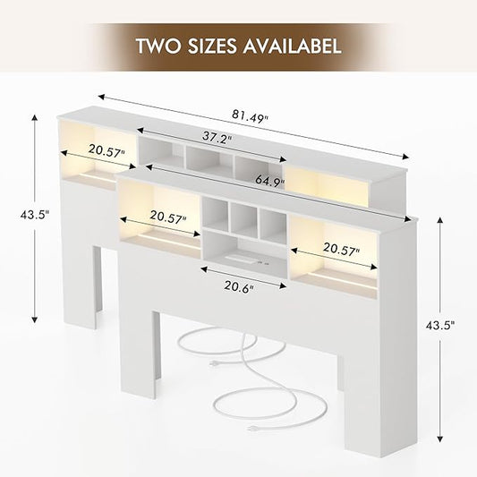 Apicizon King Size Headboard Only, King Bookcase Headboard with Charging Station for Bedroom, Storage Bookcase with USB & 2 Power Outlets, White