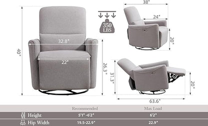 Power Swivel Recliner Chair, Upholstered Fabric Glider Electric Rocking Chair for Adults. Nursery Rocker Single Sofa with Lumbar Support for Living Room. Dual-Port Charging: Type-C&USB, Grey