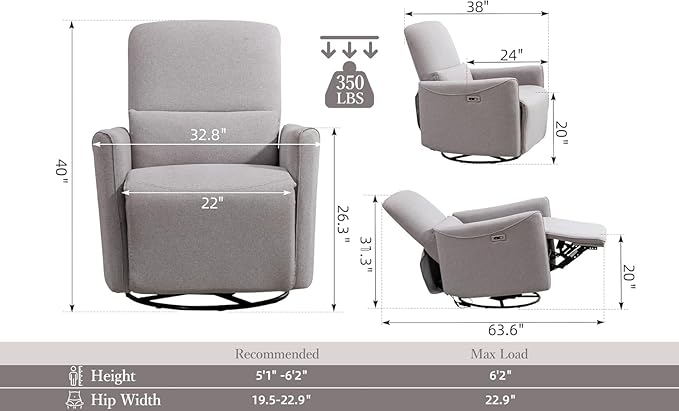 Power Swivel Recliner Chair, Faux Leather Glider Electric Rocking Chair for Adults. Nursery Rocker Single Sofa Chair with Lumbar Support for Living Room. Dual-Port Charging: Type-C&USB, Grey