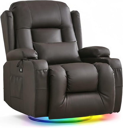 URRED Rocker Recliner Chair for Adults, 270° Swivel Glider Reclining Single Sofa with LED Ambient Light, Cup Holders and Side Pockets, Faux Leather Recliner for Living Room or Home Theater, Brown