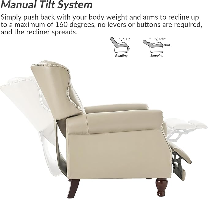 HULALA HOME Genuine Leather Recliner Chair with Solid Wood Feet, Modern Adjustable Tufted Push Back Arm Chair w/Rivet Decoration, Home Theater Seating Single Reclining Sofa for Living Room, Beige