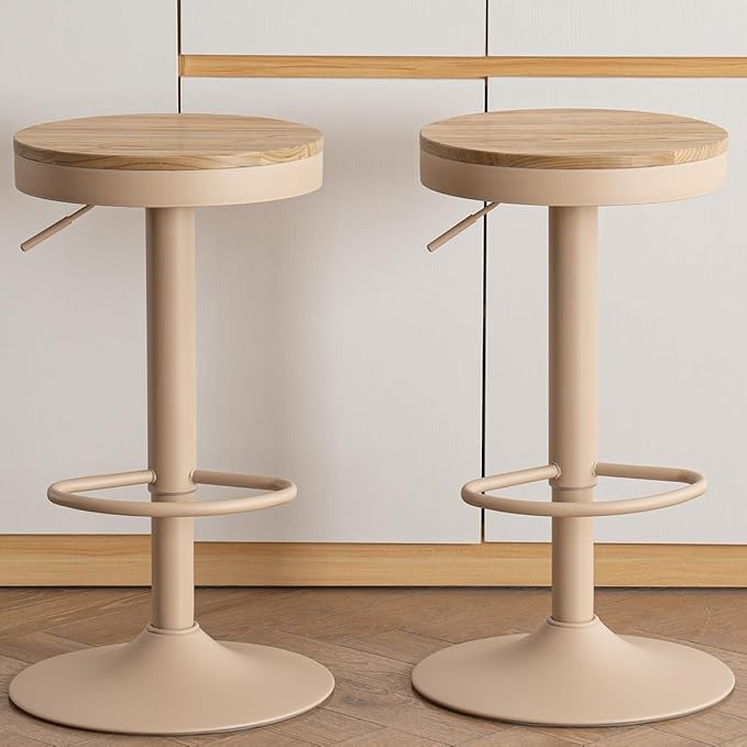 Kidol & Shellder Bar Stools Set of 2 Round Adjustable Swivel Barstools Modern Backless Bar Chairs Wooden Seat Counter Height Stools Armless for Kitchen Island, Cafe, Dining Room (Khaki)