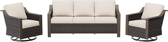 3 Pieces Outdoor Patio Conversation Furniture Set - 75" 3-Seat Sofa | 2 Swivel Glider Rocker Chairs | Wicker End Table, Metal Wicker Couch, Deck (Beige and Brown Stripe)