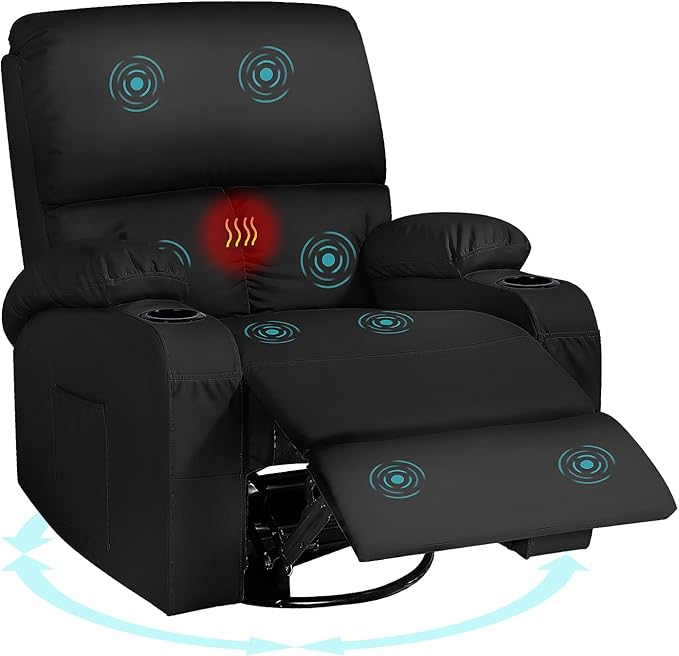 Rocking Recliner Chair, Massage Rocker Recliner Chair with Vibration Massage and Heat, 360° Swivel Faux Leather Chairs, Living Room, Bedroom, Nursery, RV, Black