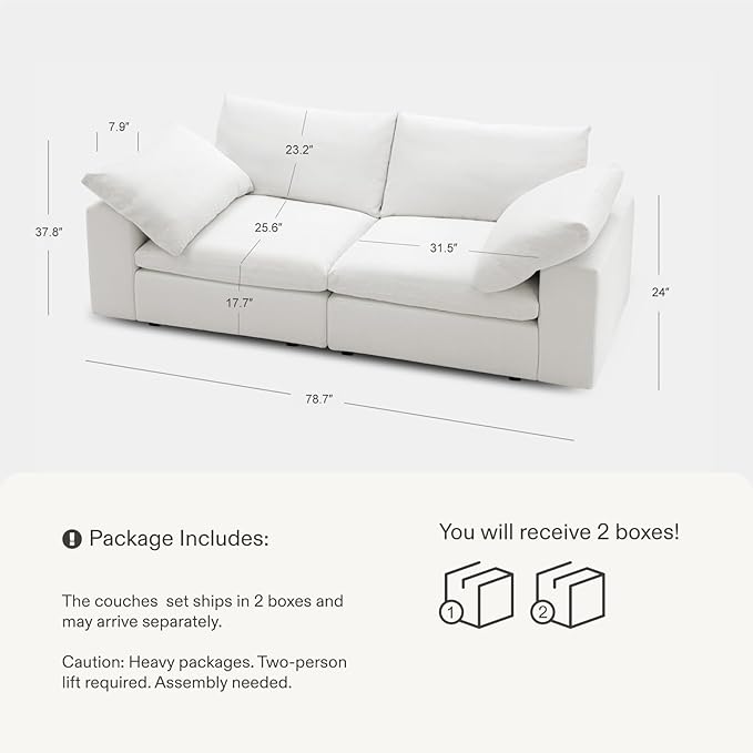 Modular Cloud Sofa, 78.7" Cloud Sectional Couches with Deep Seat，Oversized Loveseat Sofa for Living Room, Modern Comfy Couch with Washable Cover, Wide Armrest (White)