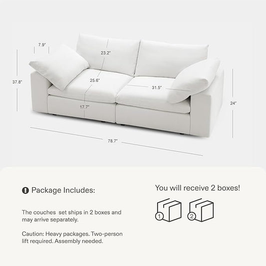 Modular Cloud Sofa, 78.7" Cloud Sectional Couches with Deep Seat，Oversized Loveseat Sofa for Living Room, Modern Comfy Couch with Washable Cover, Wide Armrest (White)