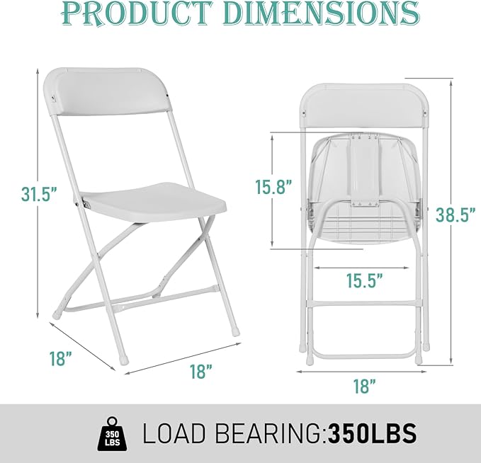 20 Pack White Plastic Folding Chairs Portable Stackable Commercial Party Folding Chairs with Steel Frame 350lbs for Home Office Outdoor Indoor Office Wedding Party Events