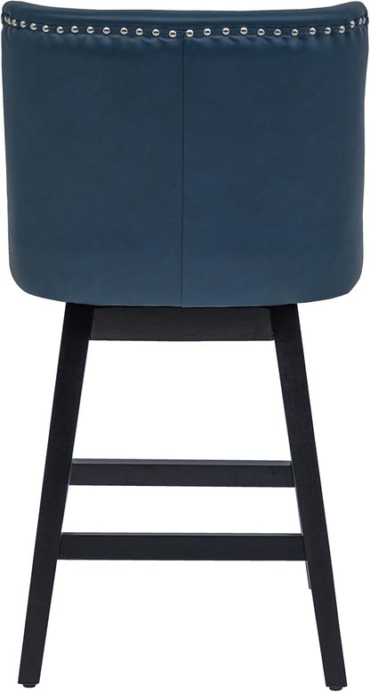 Bar Stools Set of 2, PU Leather Barstools, 26 Inch Upholstered Counter Stools with 13.8" High Back and Footrest, Swivel Counter Height Barstools for Kitchen Island Home Bar Navy Blue