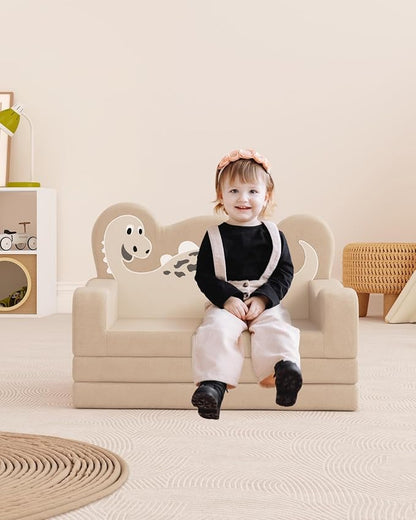 YACODAVO 2-in-1 Kids Couch Fold Out, Convertible Toddler Couch to Lounger, Toddler Chair Comfy, Kids Sofa for Girls and Boys, Gift for Birthday, Children's Day, Dinosaur Beige