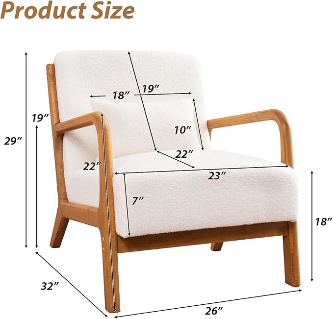 Accent Chair Mid Century Modern Chair Sherpa Fabric Living Room Chairs with Solid Wood Frame Comfy Upholstered and Lumbar Pillow Reading Side Chair Easy Assembly for Bedroom (2, White)