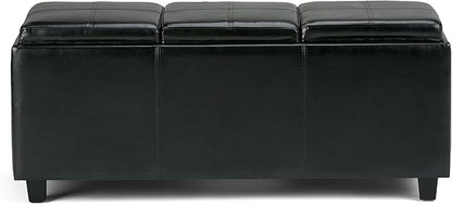 SIMPLIHOME Avalon 42 inch Wide Contemporary Rectangle Storage Ottoman in Midnight Black Vegan Faux Leather, Assembled, For the Living Room, Entryway and Family Room