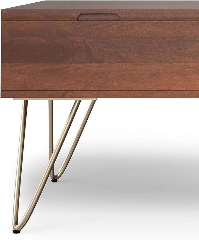SIMPLIHOME Hunter Lift Top Coffee Table - 32 inch Wide Solid Mango Wood Industrial Square Cocktail Table in Umber Brown, Living Room Table with Dual Lift Tops, Hidden Storage and Gold Hairpin Legs