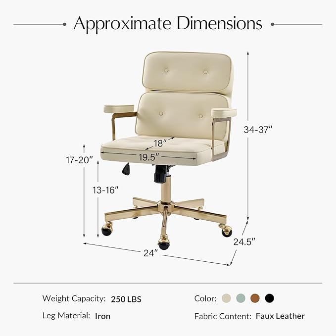 HULALA HOME Faux Leather Office Desk Chair with Golden Metal Legs, Comfy Upholstered Computer Chair with Tufted Backrest & Thick-Cushion Padded Armrest, Height Adjustable and 360°Swivel, Ivory