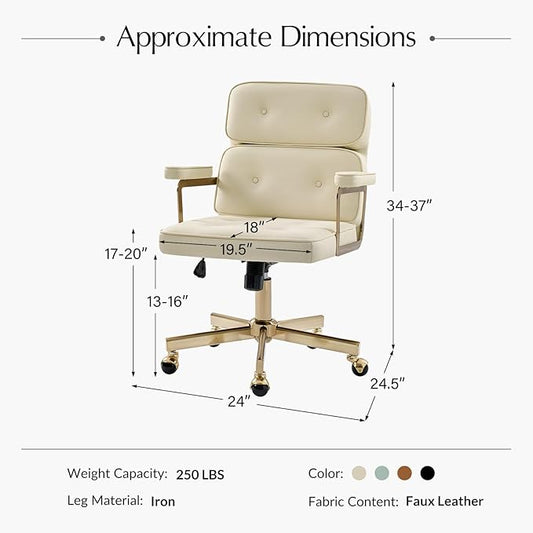 HULALA HOME Faux Leather Office Desk Chair with Golden Metal Legs, Comfy Upholstered Computer Chair with Tufted Backrest & Thick-Cushion Padded Armrest, Height Adjustable and 360°Swivel, Ivory