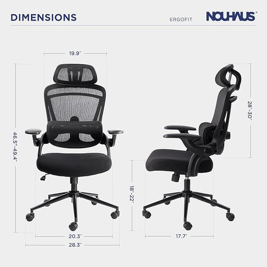 Nouhaus Ergonomic Mesh Office Chair Adjustable Lumbar Support and Flip-up Armrests High Back Headrest, Tilt Function Comfy Computer Gaming Chair Swivel Desk Chairs (Ergo Fit,Dark Black)