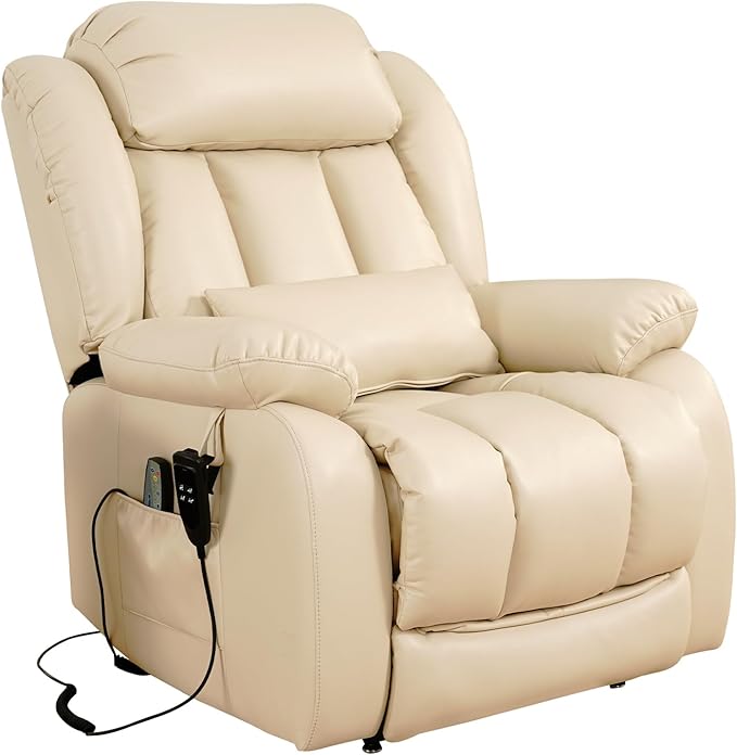 MAEVIS Large Genuine Leather Power Lift Recliner Chair, Dual Motor Recliner for Elderly,Extended Footrest and Lumbar Pillow for Tall Man,with Heat and Massage, USB and Type-C Ports(Beige)