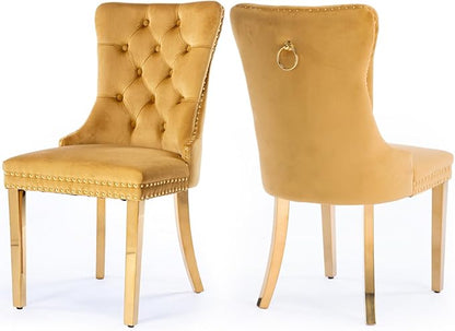 Velvet Upholstered Dining Chairs Set of 2, Modern Style Kitchen Side Chairs with Nailhead Trim and Gold Plated Leg, Metal Pulling Ring for Dining Room Living Room(Gold-Gold Plated Leg)