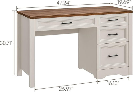 Vabches Farmhouse Executive Desk with Storage and Ample File Drawer, Rustic Large Home Writing Desk for Bedroom, White