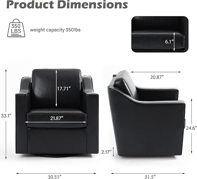 UIXE Faux Leather Swivel Accent Chair, Upholstered Arm Chair for Living Room, Modern Club Armchair Comfy Single Sofa Bedroom Reading Seat with Lumbar Pillow - Black