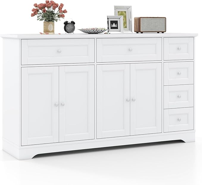 Giantex Large Buffet Cabinet with Storage, 59” Kitchen Cabinet with 4 Doors, 6 Drawers & 2 Adjustable Shelves, Modern Sideboard for Living Room, Coffee Bar, White