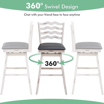 COSTWAY Bar Stools Set of 2, 29” 360° Swivel Bar Height Chairs with Rubber Wood Frame, Cushioned Seat, Ergonomic Backrest & Footrest, Wooden Upholstered Barstools for Kitchen Island (2, 29”)
